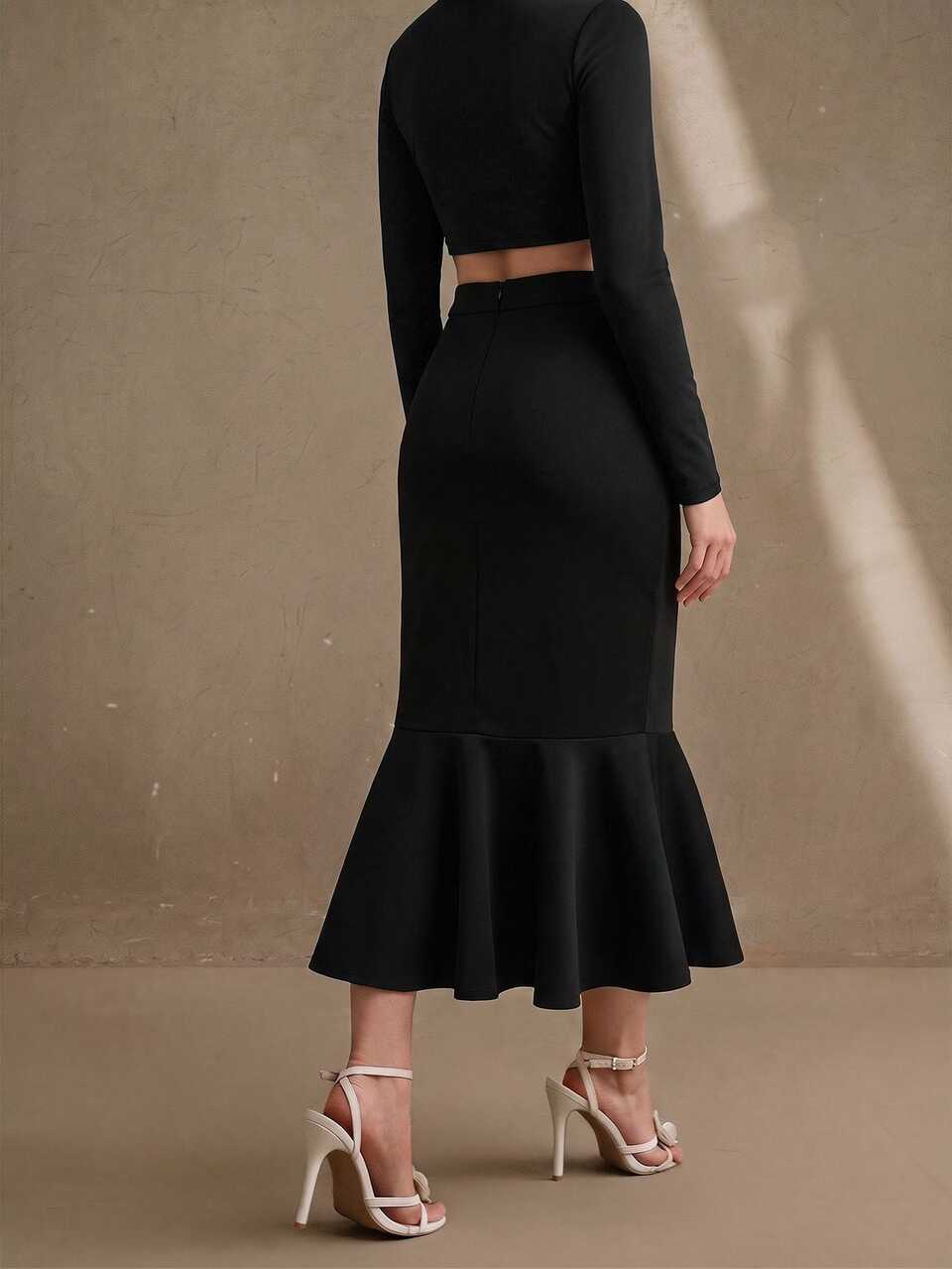 Anewsta Women's Elegant High Waist Mermaid Hem Ruffle Skirt, Mid-Length Bodycon Skirt With Draping Effect, Slimming And Sophisticated, Suitable For Office, Commute, Party, Wedding Guest, Black Long Skirt