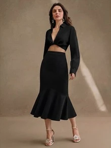 Anewsta Women's New Autumn/Winter Elegant Slimming Bodycon Hem Ruffle Fishtail Patchwork Skirt For Commute, Holiday, Party And Daily Wear - Black - View 3