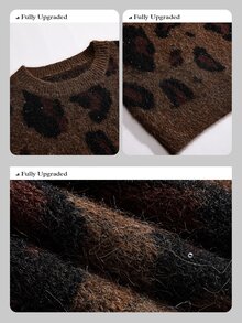 Anewsta American Style Autumn/Winter High-End Fashion Design Elegant Vintage Wild Distressed Snake & Leopard Print Micro-Cutout Round Neck Knit Sweater - Brown - View 3