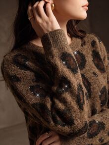 Anewsta American Style Autumn/Winter High-End Fashion Design Elegant Vintage Wild Distressed Snake & Leopard Print Micro-Cutout Round Neck Knit Sweater - Brown - View 1