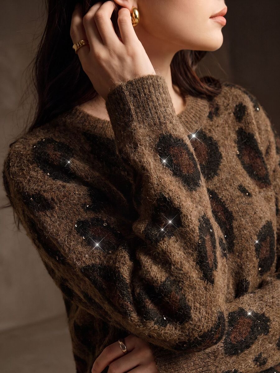 Anewsta American Style Autumn/Winter High-End Fashion Design Elegant Vintage Wild Distressed Snake & Leopard Print Micro-Cutout Round Neck Knit Sweater - Brown - View 1