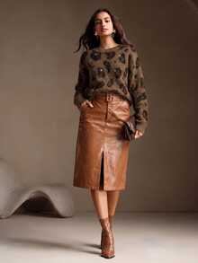 Anewsta American Style Autumn/Winter High-End Fashion Design Elegant Vintage Wild Distressed Snake & Leopard Print Micro-Cutout Round Neck Knit Sweater - Brown - View 5