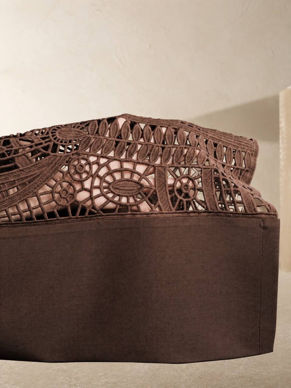 Elegant Coffee Brown Heavy Embroidery Hollow Lace Trim Wide Leg Pants For Women, High-End Loose Fit Flattering Slimming Suit Trousers Office