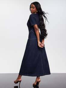 NYA SZN Gaun Lengan Pendek Model A-Line Longgar dengan Detail Resleting, Cocok untuk Acara Khusus, Kencan, dan Musim Panas untuk Wanita - Dark Wash - View 2