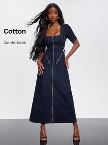 NYA SZN Gaun Lengan Pendek Model A-Line Longgar dengan Detail Resleting, Cocok untuk Acara Khusus, Kencan, dan Musim Panas untuk Wanita - Dark Wash - View 4
