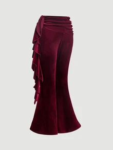 SHEIN MOD Women's 1pc Soft Velvet Solid Ruched Bow Detail Low Rise Flare Bell Bottom Pants, Burgundy Sweet Coquette Girly Trousers For Fall Christmas Party - Burgundy - View 9