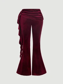 SHEIN MOD Women's 1pc Soft Velvet Solid Ruched Bow Detail Low Rise Flare Bell Bottom Pants, Burgundy Sweet Coquette Girly Trousers For Fall Christmas Party - Burgundy - View 5