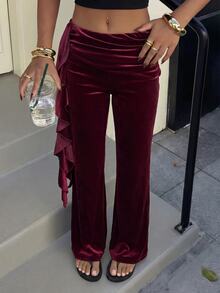 SHEIN MOD Women's 1pc Soft Velvet Solid Ruched Bow Detail Low Rise Flare Bell Bottom Pants, Burgundy Sweet Coquette Girly Trousers For Fall Christmas Party - Burgundy - View 3