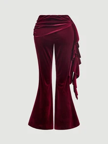 SHEIN MOD Women's 1pc Soft Velvet Solid Ruched Bow Detail Low Rise Flare Bell Bottom Pants, Burgundy Sweet Coquette Girly Trousers For Fall Christmas Party - Burgundy - View 6