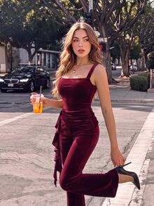 SHEIN MOD Women's 1pc Soft Velvet Solid Ruched Bow Detail Low Rise Flare Bell Bottom Pants, Burgundy Sweet Coquette Girly Trousers For Fall Christmas Party - Burgundy - View 1