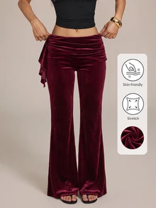 SHEIN MOD Women's 1pc Soft Velvet Solid Ruched Bow Detail Low Rise Flare Bell Bottom Pants, Burgundy Sweet Coquette Girly Trousers For Fall Christmas Party - Burgundy - View 4