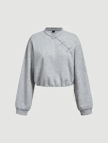 SHEIN MOD Chic Women's Grey Long Sleeve Cropped Sweatshirt With Traditional Chinese Frog Button Detail Stand Collar,Winter And Autumn Hoodies - Light Grey - View 4