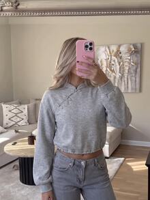 SHEIN MOD Chic Women's Grey Long Sleeve Cropped Sweatshirt With Traditional Chinese Frog Button Detail Stand Collar,Winter And Autumn Hoodies - Light Grey - View 3