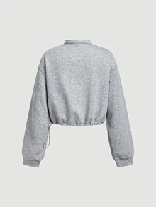 SHEIN MOD Chic Women's Grey Long Sleeve Cropped Sweatshirt With Traditional Chinese Frog Button Detail Stand Collar,Winter And Autumn Hoodies - Light Grey - View 5