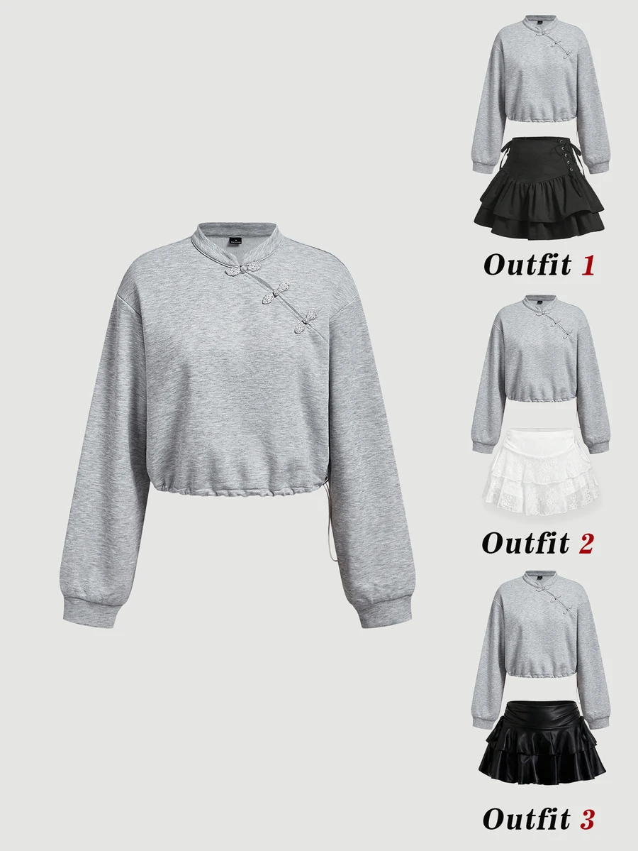 SHEIN MOD Chic Women's Grey Long Sleeve Cropped Sweatshirt With Traditional Chinese Frog Button Detail Stand Collar,Winter And Autumn Hoodies - Light Grey - View 1