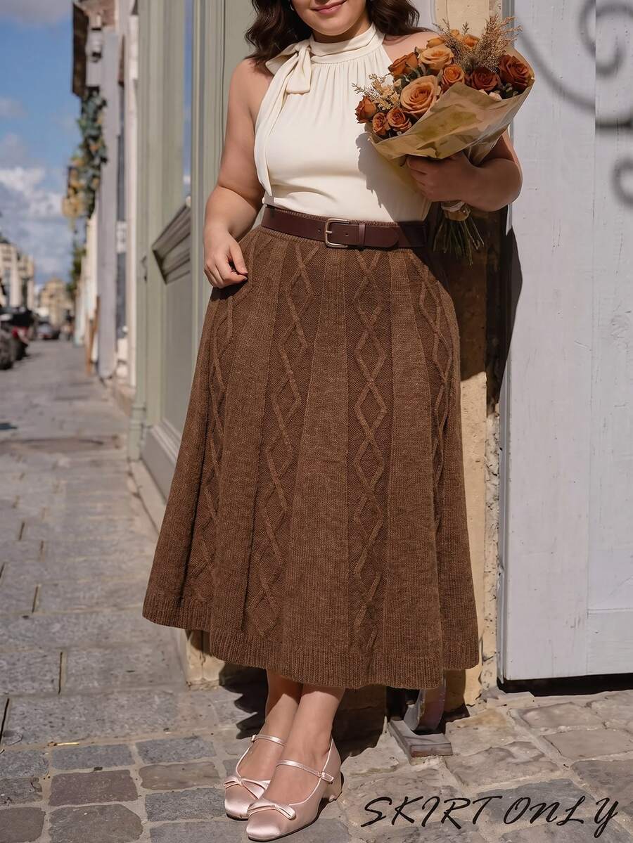 SHEIN MOD Fashion Plus Size Women's High Waist Cable Knit Coffee Color Autumn/Winter Versatile Skirt,Brown, Loose A-Line Hem,Cable-Knit Texture,Brown - Coffee Brown - View 1