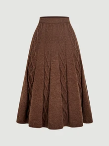 SHEIN MOD Fashion Plus Size Women's High Waist Cable Knit Coffee Color Autumn/Winter Versatile Skirt,Brown, Loose A-Line Hem,Cable-Knit Texture,Brown - Coffee Brown - View 3
