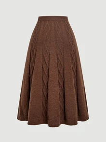SHEIN MOD Fashion Plus Size Women's High Waist Cable Knit Coffee Color Autumn/Winter Versatile Skirt,Brown, Loose A-Line Hem,Cable-Knit Texture,Brown - Coffee Brown - View 2