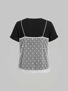 SHEIN MOD Plus Size Women's Contrast Lace Polka Dot Mesh 2 In 1 T-Shirt - Black - View 3