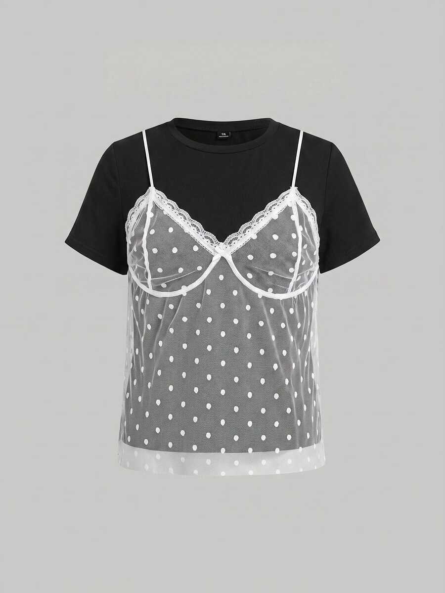 SHEIN MOD Plus Size Women's Contrast Lace Polka Dot Mesh 2 In 1 T-Shirt - Black - View 1