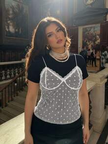 SHEIN MOD Plus Size Women's Contrast Lace Polka Dot Mesh 2 In 1 T-Shirt - Black - View 7