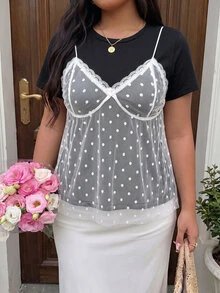 SHEIN MOD Plus Size Women's Contrast Lace Polka Dot Mesh 2 In 1 T-Shirt - Black - View 2