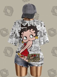 Betty Boop x SHEIN Women's Cartoon Print Round Neck Short Sleeve Casual Versatile T-Shirt - White - View 1