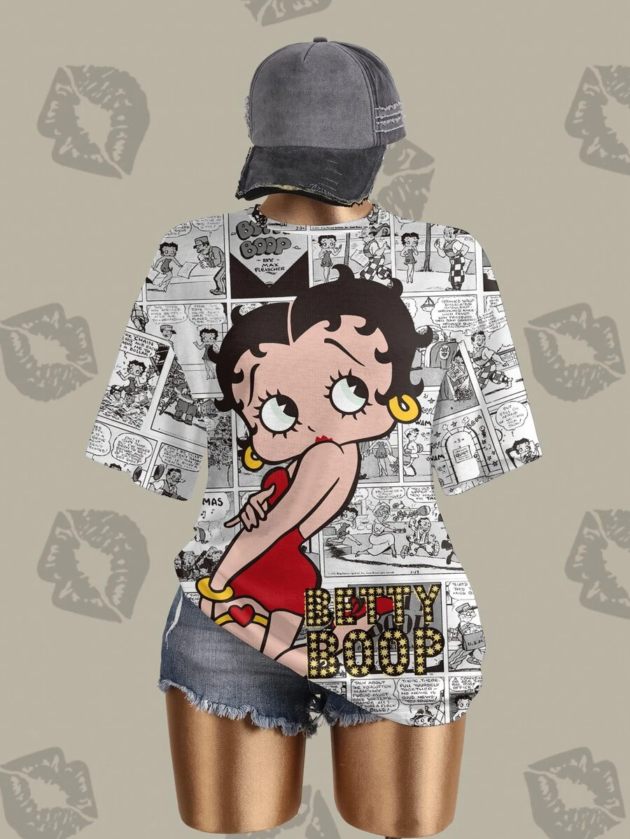 Betty Boop x SHEIN Women's Cartoon Print Round Neck Short Sleeve Casual Versatile T-Shirt - White - View 1