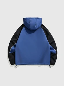 ROMWE MEN Men's Colorblock Patchwork Hooded Loose Fit Jacket - Blue - View 8