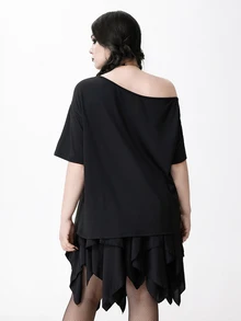 ROMWE Goth Plus Size Women's Asymmetrical Shoulder Cat Print Casual Daily Wear T-Shirt - Black - View 2