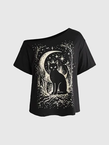 ROMWE Goth Plus Size Women's Asymmetrical Shoulder Cat Print Casual Daily Wear T-Shirt - Black - View 11