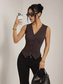 SHEIN PETITE Women's Petite Brown Striped V-Neck Sleeveless Lightweight Blazer - Brown - View 5