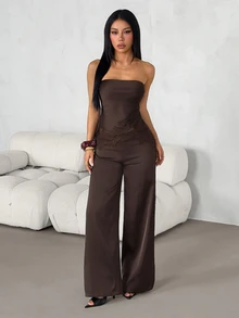 SHEIN PETITE Women's Satin & Lace Patchwork Bandeau Top And Long Pants 2 Pieces Set - Coffee Brown - View 5