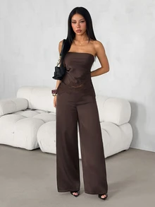 SHEIN PETITE Women's Satin & Lace Patchwork Bandeau Top And Long Pants 2 Pieces Set - Coffee Brown - View 3