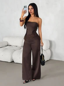 SHEIN PETITE Women's Satin & Lace Patchwork Bandeau Top And Long Pants 2 Pieces Set - Coffee Brown - View 6