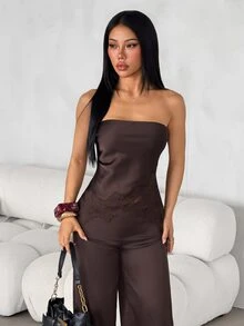 SHEIN PETITE Women's Satin & Lace Patchwork Bandeau Top And Long Pants 2 Pieces Set - Coffee Brown - View 1