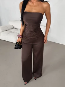 SHEIN PETITE Women's Satin & Lace Patchwork Bandeau Top And Long Pants 2 Pieces Set - Coffee Brown - View 7