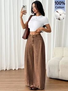 SHEIN PETITE Women's High Waist Curved Leg Wide Leg Loose Casual Long Pants Everyday Vacation,Beach,Coffee Brown,100% Cotton,Washed Fabric,Winter/Fall,Petite - Brown - View 7