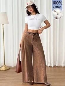 SHEIN PETITE Women's High Waist Curved Leg Wide Leg Loose Casual Long Pants Everyday Vacation,Beach,Coffee Brown,100% Cotton,Washed Fabric,Winter/Fall,Petite - Brown - View 6