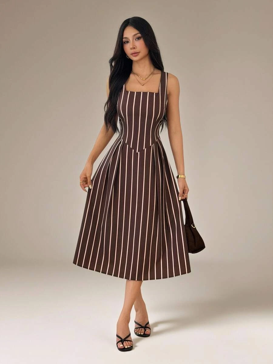 SHEIN PETITE Women's Summer Elegant Commute Striped Sleeveless Midi Dress - Brown - View 1