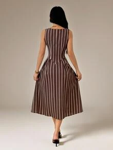 SHEIN PETITE Women's Summer Elegant Commute Striped Sleeveless Midi Dress - Brown - View 2