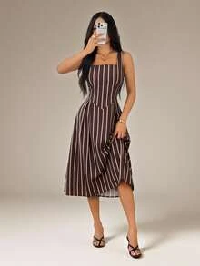 SHEIN PETITE Women's Summer Elegant Commute Striped Sleeveless Midi Dress - Brown - View 3