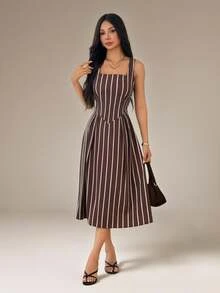 SHEIN PETITE Women's Summer Elegant Commute Striped Sleeveless Midi Dress - Brown - View 5