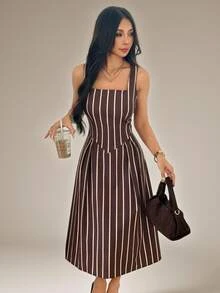SHEIN PETITE Women's Summer Elegant Commute Striped Sleeveless Midi Dress - Brown - View 6