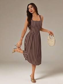 SHEIN PETITE Women's Summer Elegant Commute Striped Sleeveless Midi Dress - Brown - View 7