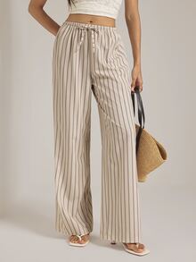 SHEIN Tall Vintage-Style Apricot Striped Straight-Leg Trousers For Tall Women – Casual Workwear - Apricot - View 5