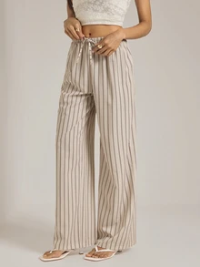 SHEIN Tall Vintage-Style Apricot Striped Straight-Leg Trousers For Tall Women – Casual Workwear - Apricot - View 6