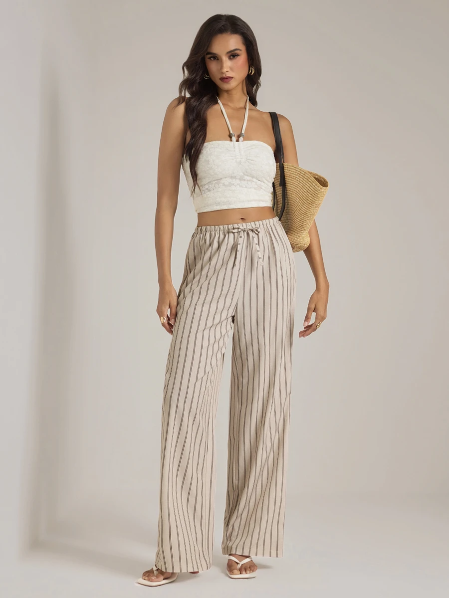 SHEIN Tall Vintage-Style Apricot Striped Straight-Leg Trousers For Tall Women – Casual Workwear - Apricot - View 1