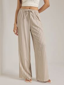 SHEIN Tall Vintage-Style Apricot Striped Straight-Leg Trousers For Tall Women – Casual Workwear - Apricot - View 4
