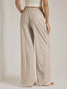 SHEIN Tall Vintage-Style Apricot Striped Straight-Leg Trousers For Tall Women – Casual Workwear - Apricot - View 2